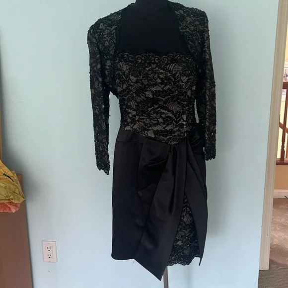 Mignon Dresses | Evening/Cocktail Dress With Matching Bolero Jacket. Hand Beaded Lace, Size 4 New | Color: Black | Size: 4 | Lebasdaram's Closet